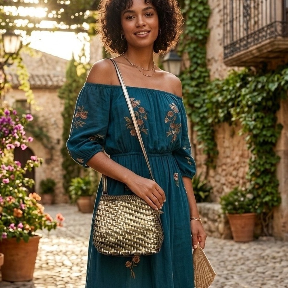 Vintage Cole Haan Metallic Woven Leather Shoulder Bag Gold Silver‎ Bucket
